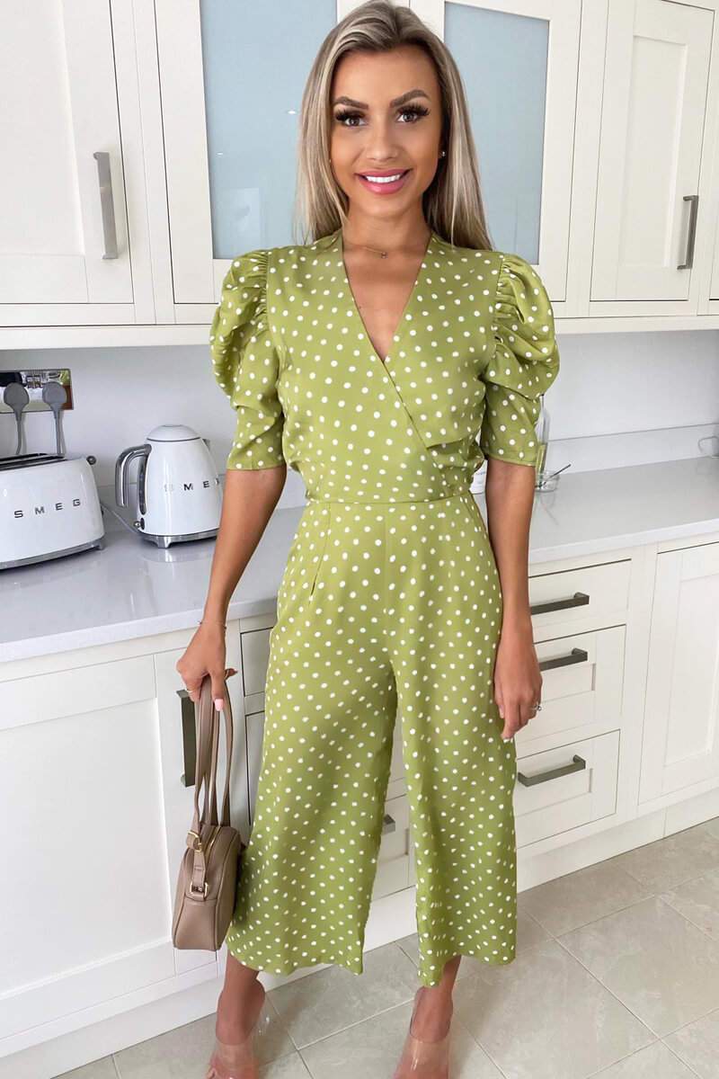 Terri Olive Green Polka Dot Puff Sleeve Jumpsuit